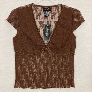 New Just Polly Brown Brown Mesh‎ Coquette Y2K Inspired Stretch Top Medium